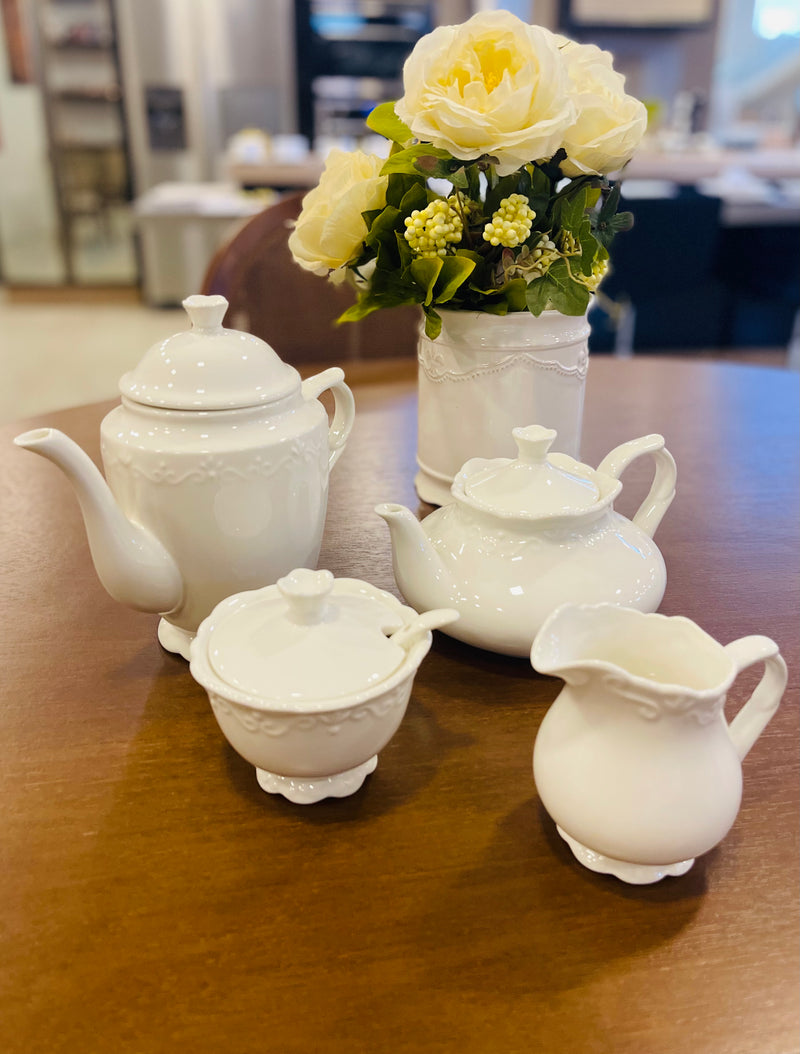 conjunto 4 peças de chá e café de porcelana durable porcelain alto relevo