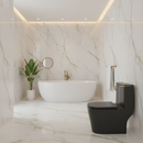 banheiro decorado moderno com vaso sanitário monobloco preto e detalhes dourado