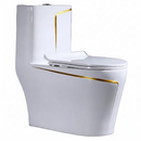 vaso sanitário monobloco branco com detalhe dourado - vista lateral