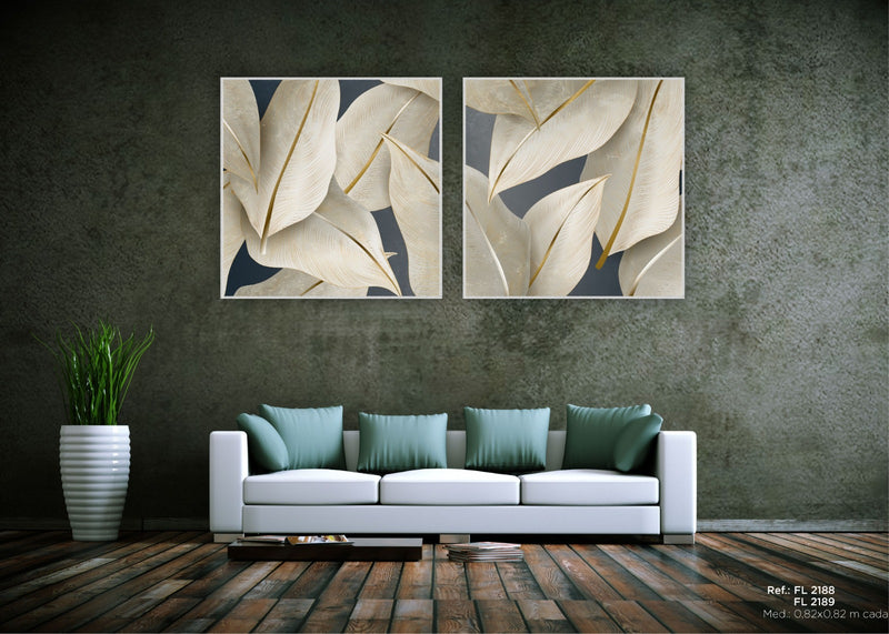 quadro decorativo com folhas em dourado 82x82