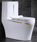 vaso sanitário monobloco branco com detalhe dourado - vista lateral