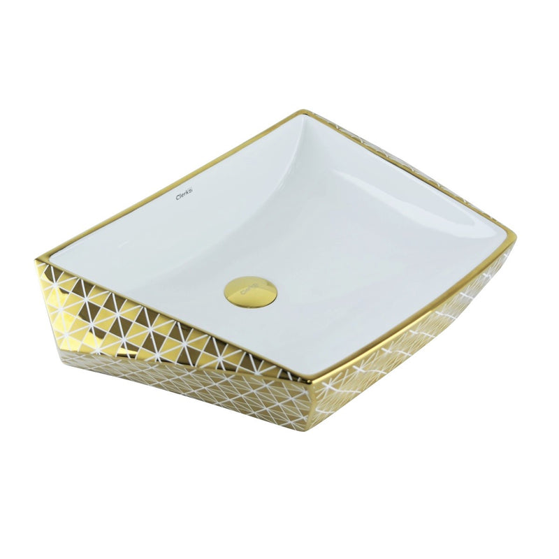cuba de cerâmica branca com detalhes dourado
