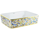 cuba de cerâmica branca com aplicações a laser em mosaico de vidro