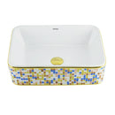 cuba de cerâmica branca com aplicações a laser em mosaico de vidro