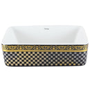 cuba de cerâmica branca com detalhes preto e dourado