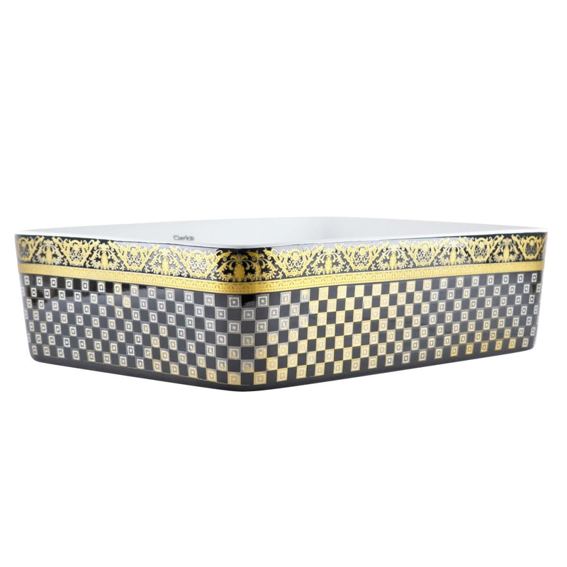 cuba de cerâmica branca com detalhes preto e dourado