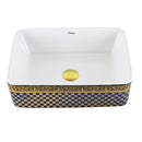 cuba de cerâmica branca com detalhes preto e dourado