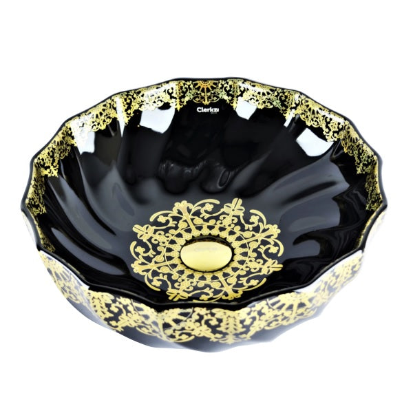 cuba de cerâmica preta com detalhes dourados