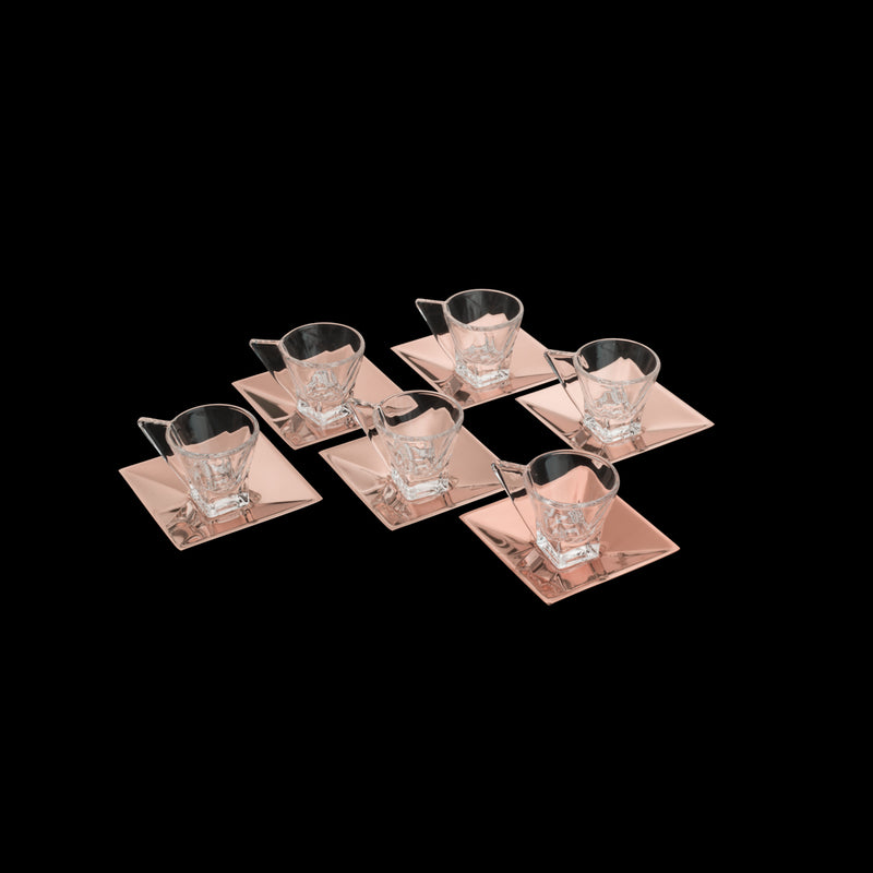 conjunto 6 xícaras de vidro p/ chá com pires veneza rose gold- 180ml